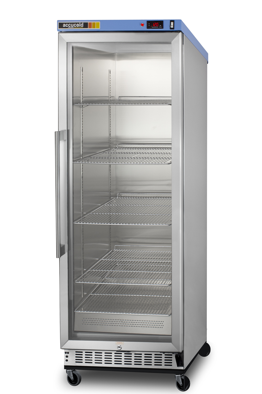 Single chamber passive heating blanket warmer with a self-closing glass door, stainless steel interior, digital thermostat, stainless steel cabinet, and lock